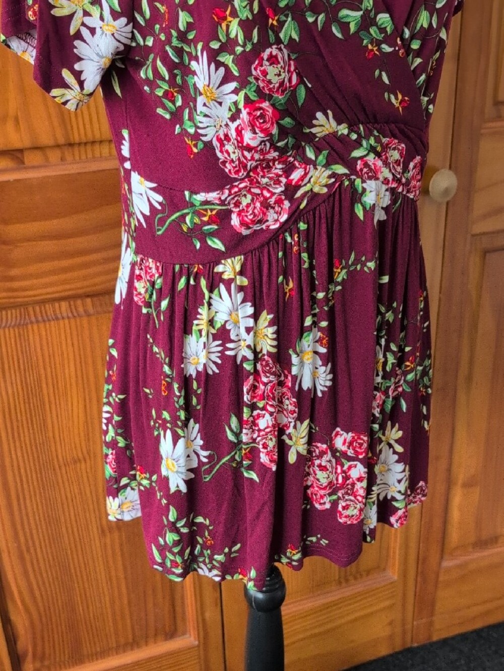Floral Wrap V-Neck Burgundy Tunic Blouse Top L M513 - Picture 3 of 6